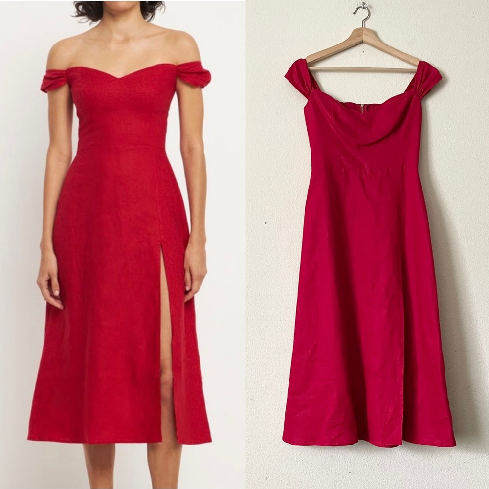 Reformation Off-Shoulder Midi Dress in Red